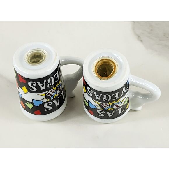 Salt & Pepper Shakers Las Vegas Souvenir 80s Porcelain 2 1/4" Cards Dice Design - Picture 10 of 12